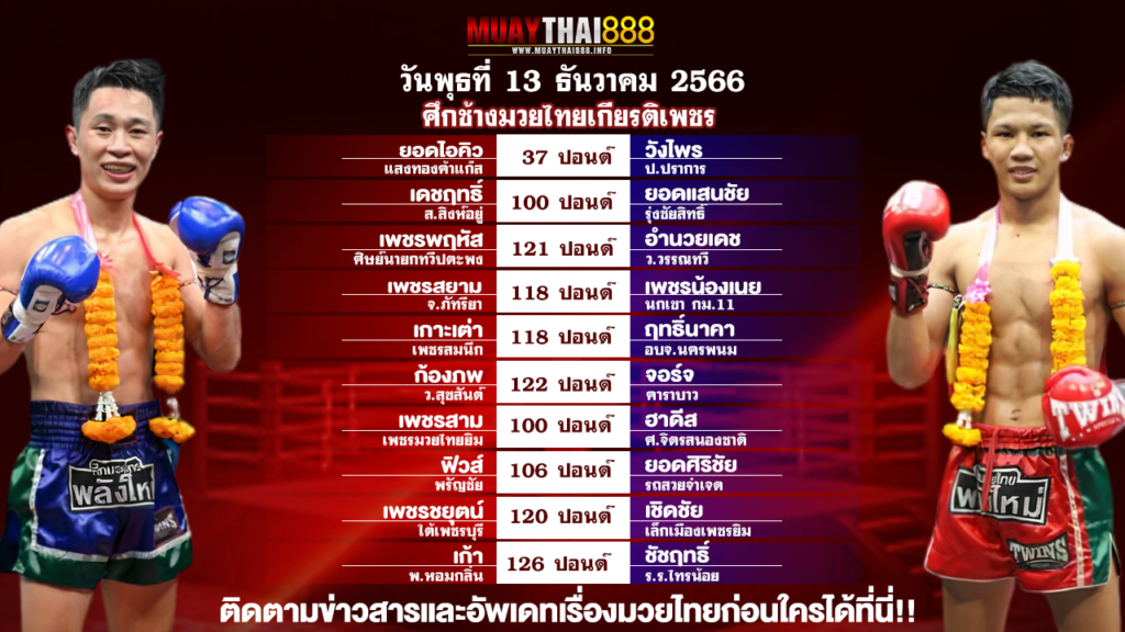 โปรแกรมมวย ศึกช้างมวยไทยเกียรติเพชร วันที่ 13 ธ.ค. 66