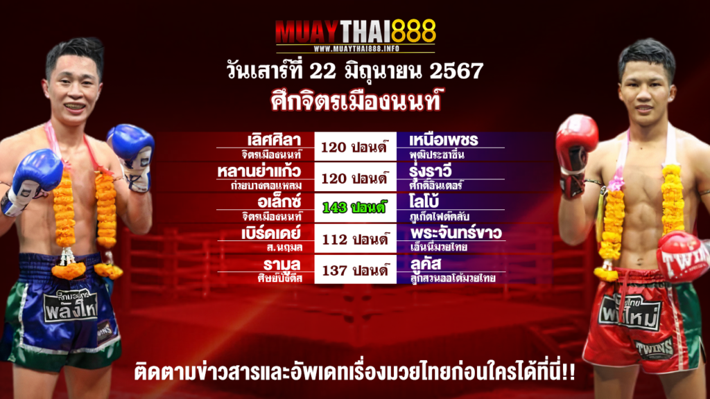 โปรแกรมมวย ศึกจิตรเมืองนนท์ วันที่ 22 มิ.ย. 67