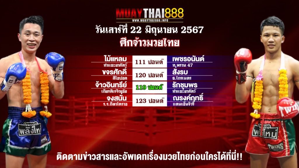 โปรแกรมมวย ศึกจ้าวมวยไทย วันที่ 22 มิ.ย. 67