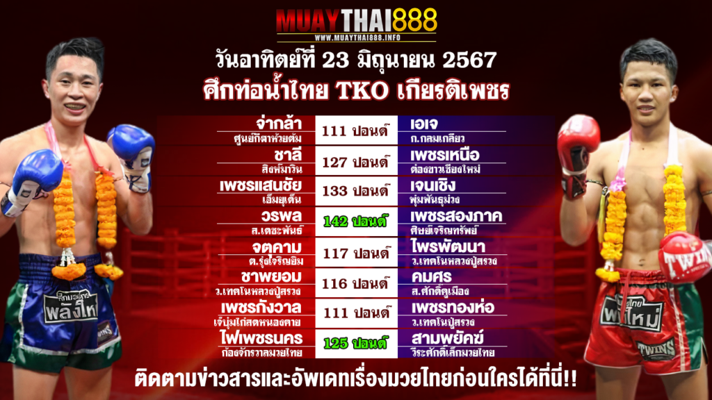 โปรแกรมมวย ศึกท่อน้ำไทย TKO เกียรติเพชร วันที่ 23 มิ.ย. 67