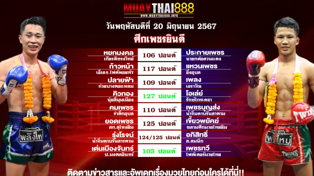 โปรแกรมมวย ศึกเพชรยินดี วันที่ 20 มิ.ย. 67