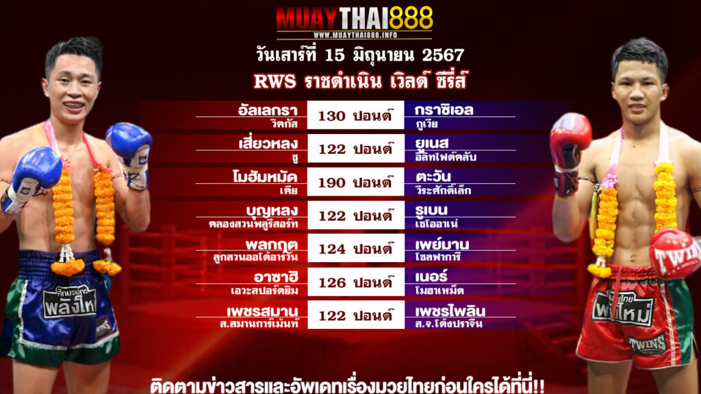 โปรแกรมมวย RWS ราชดำเนิน เวิลด์ ซีรีส์ วันที่ 15 มิ.ย. 67