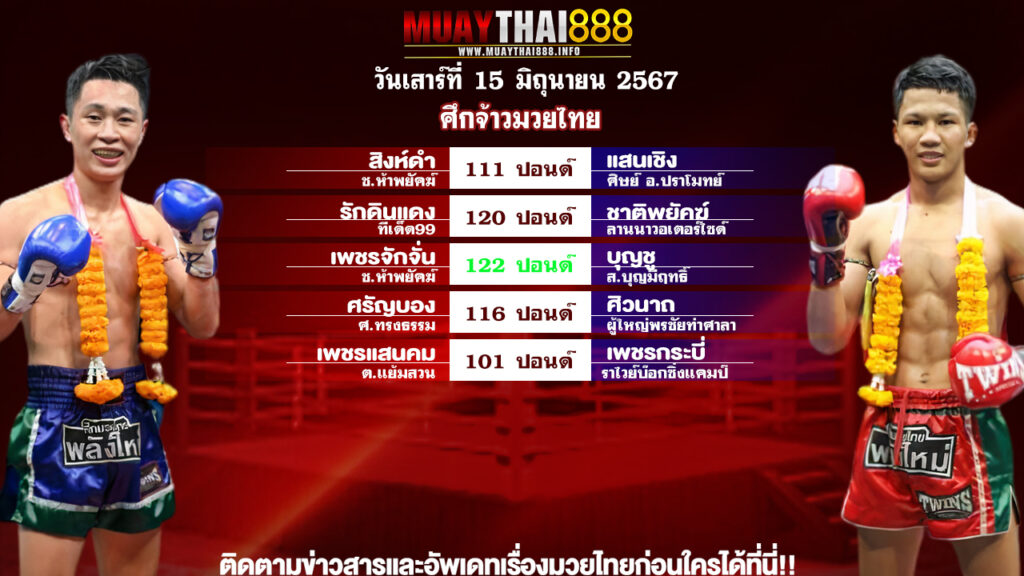 โปรแกรมมวย ศึกจ้าวมวยไทย วันที่ 15 มิ.ย. 67