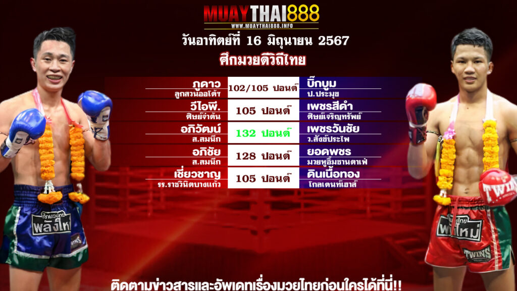 โปรแกรมมวย ศึกมวยดีวิถีไทย วันที่ 16 มิ.ย. 67