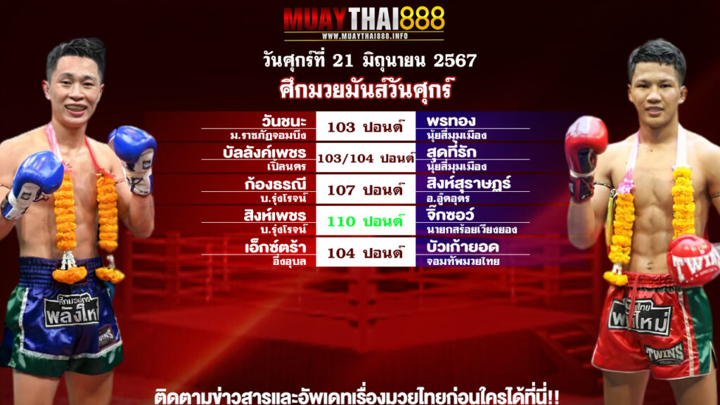 โปรแกรมมวย ศึกมวยมันส์วันศุกร์ วันที่ 21 มิ.ย. 67