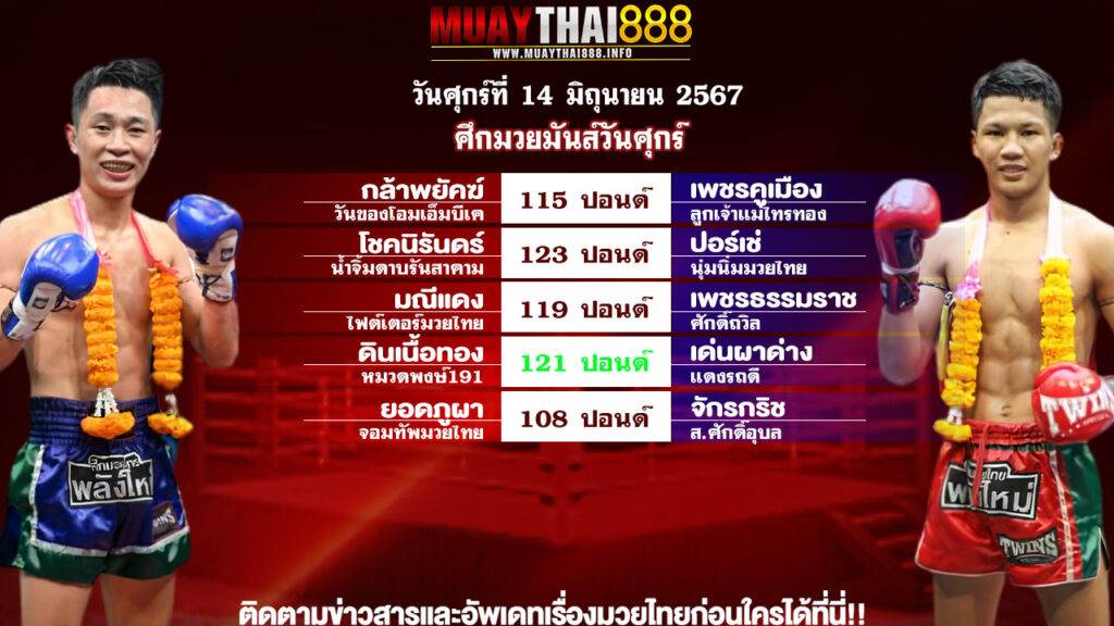 โปรแกรมมวย ศึกมวยมันส์วันศุกร์ วันที่ 13 มิ.ย. 67