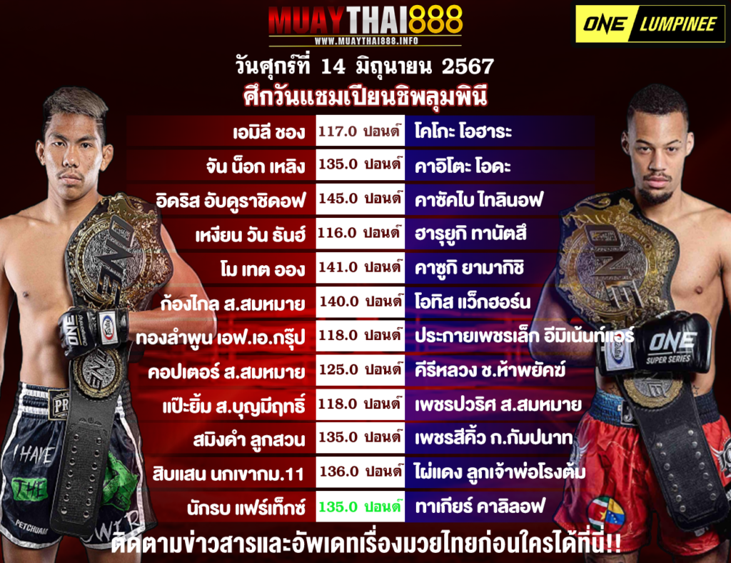 โปรแกรมมวย ศึกวันแชมเปียนชิพลุมพินี 67 วันที่ 13 มิ.ย. 67