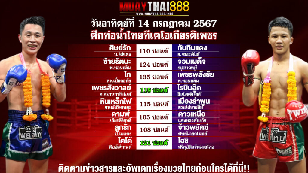 โปรแกรมมวย  ศึกท่อน้ำไทยทีเคโอเกียรติเพชร  วันที่ 14 ก.ค. 67