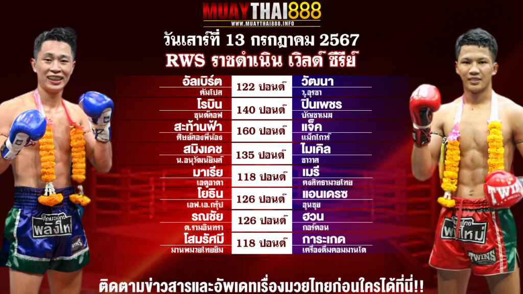 โปรแกรมมวย  RWS ราชดำเนิน เวิลด์ ซีรีส์  วันที่ 13 ก.ค. 67