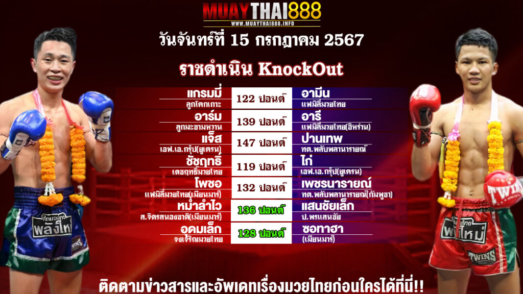 โปรแกรมมวย  ราชดำเนิน KnockOut  วันที่ 15 ก.ค. 67