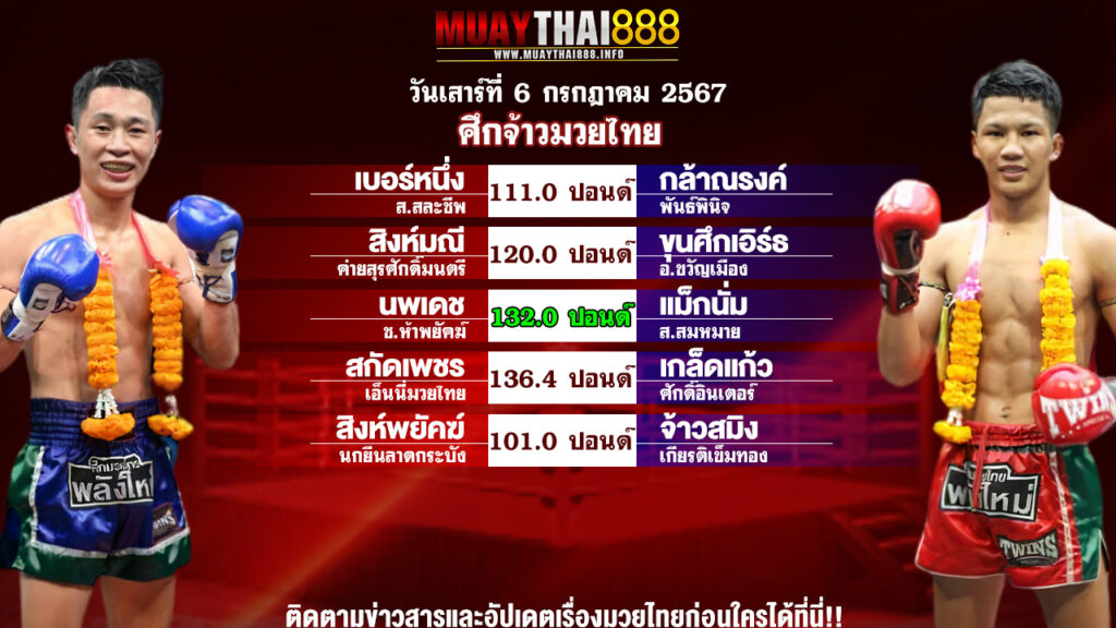 โปรแกรมมวย ศึกจ้าวมวยไทย วันที่ 6 ก.ค. 67