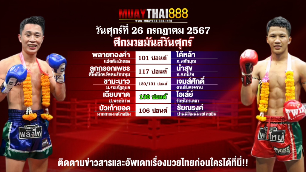 โปรแกรมมวย ศึกมวยมันส์วันศุกร์ วันที่ 26 ก.ค. 67