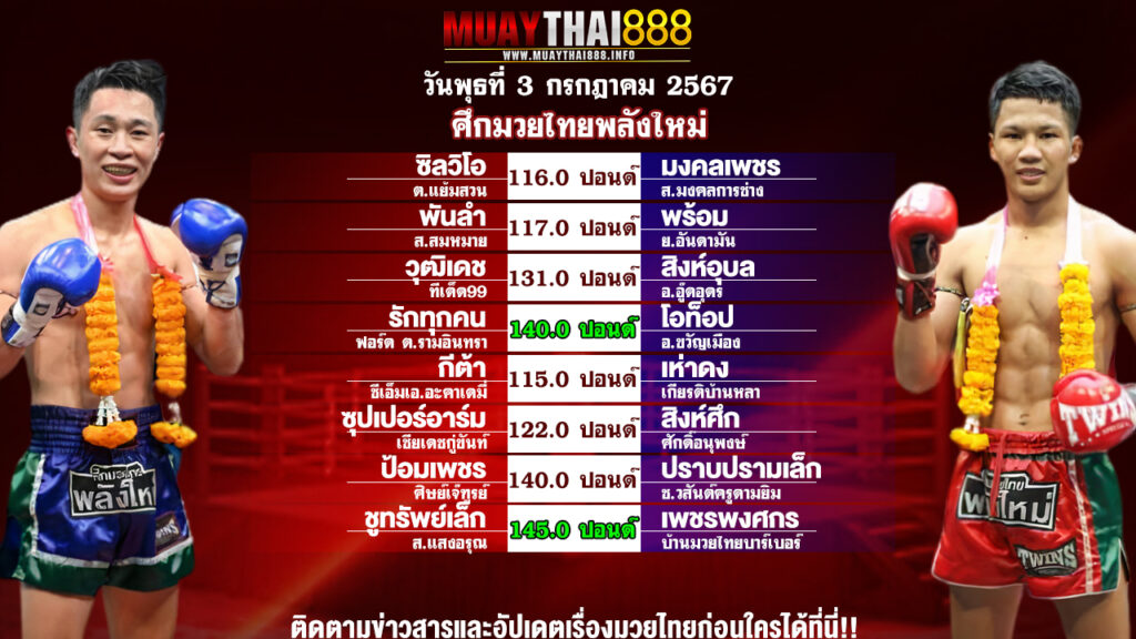 โปรแกรมมวย ศึกมวยไทยพลังใหม่ วันที่ 3 ก.ค. 67