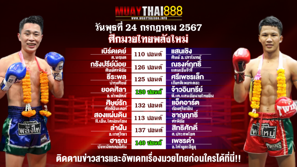 โปรแกรมมวย ศึกมวยไทยพลังใหม่ วันที่ 24 ก.ค. 67