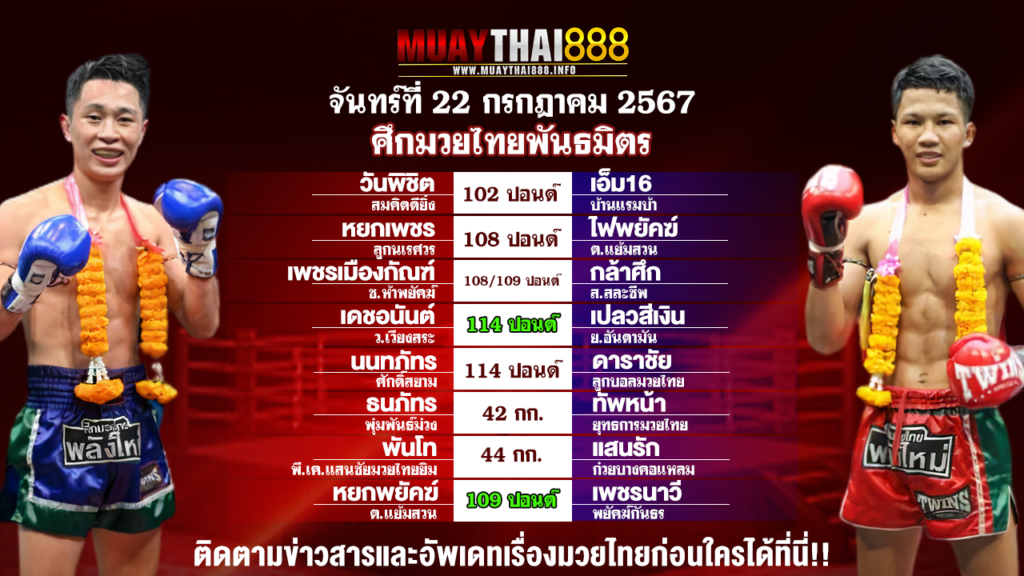 โปรแกรมมวย ศึกมวยไทยพันธมิตร วันที่ 22 ก.ค. 67