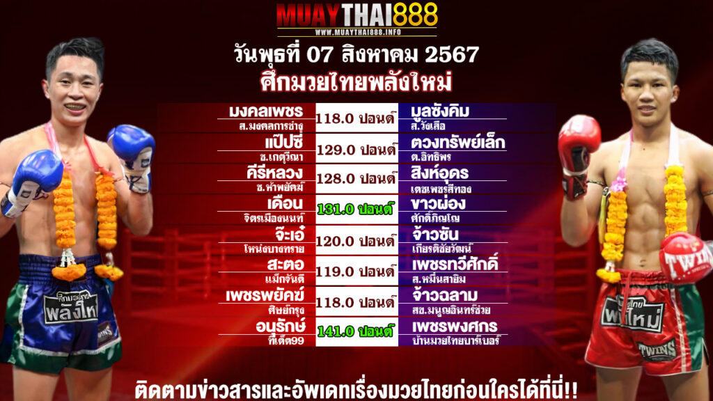 โปรแกรมมวย  ศึกมวยไทยพลังใหม่ วันที่ 07 ส.ค. 67