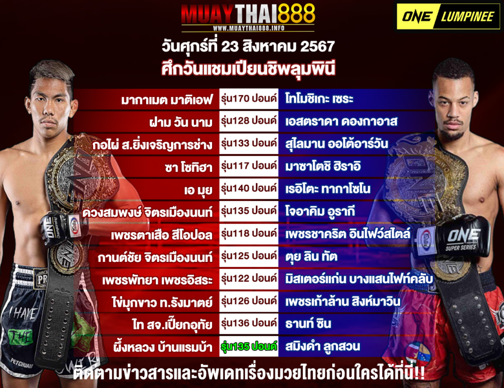 โปรแกรมมวย ศึกวันแชมเปียนชิพลุมพินีวันที่ 23 ส.ค. 67