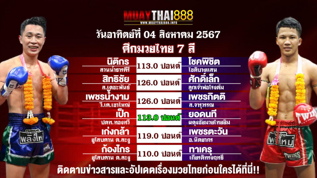 โปรแกรมมวย  ศึกมวยไทย 7 สี   วันที่ 04 ส.ค. 67