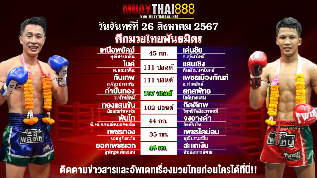 โปรแกรมมวย ศึกมวยไทยพันธมิตร วันที่ 26 ส.ค. 67