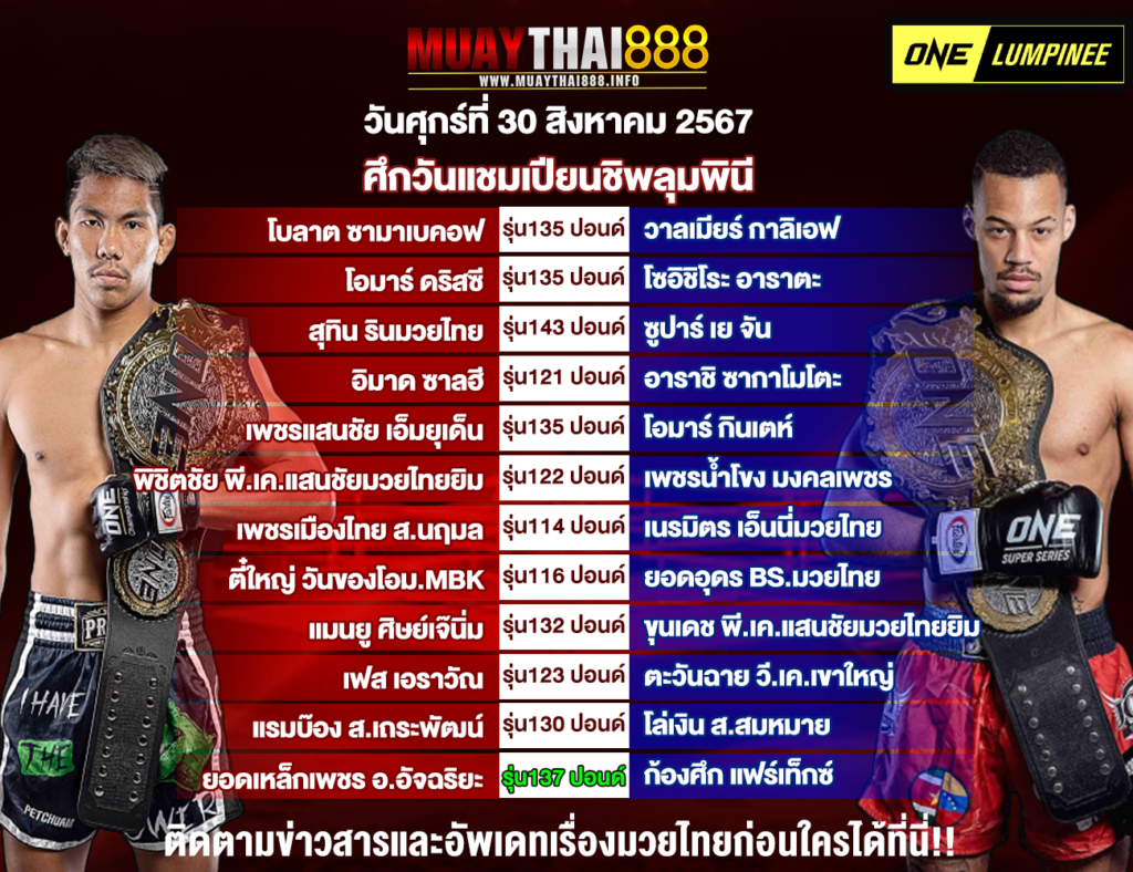 โปรแกรมมวย ศึกวันแชมเปียนชิพลุมพินี วันที่ 30 ส.ค. 67