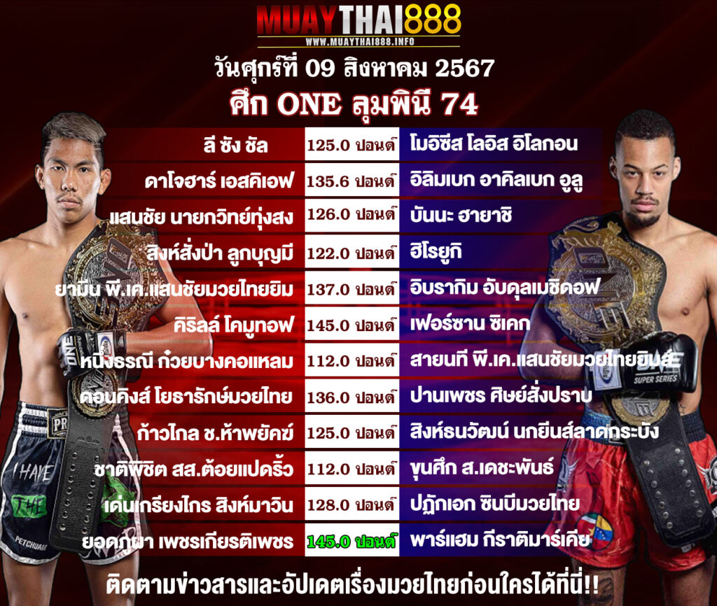 โปรแกรมมวย  ศึกวันแชมเปียนชิพลุมพินี 74  วันที่ 09 ส.ค. 67