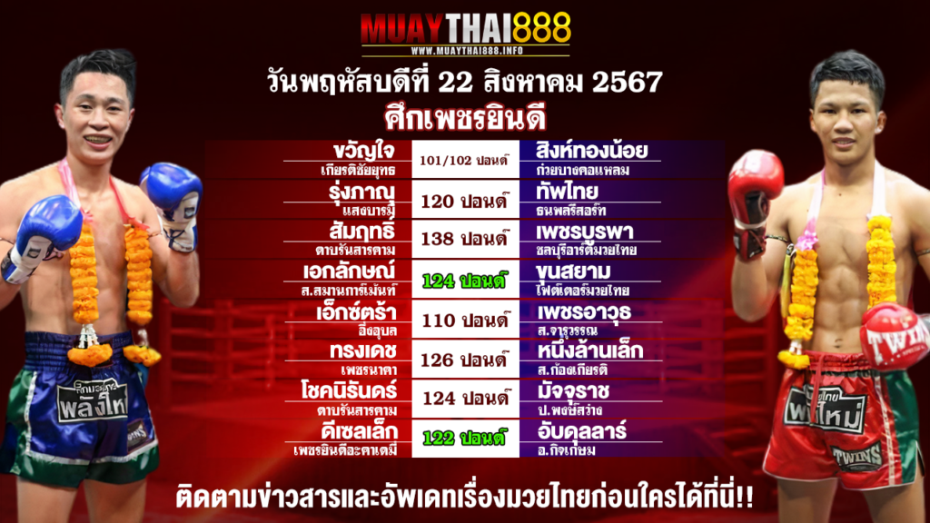 โปรแกรมมวย ศึกเพชรยินดี วันที่ 22 ส.ค. 67