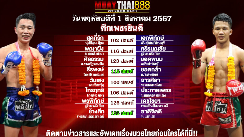 โปรแกรมมวย ศึกเพชรยินดี วันที่ 01 ส.ค. 67