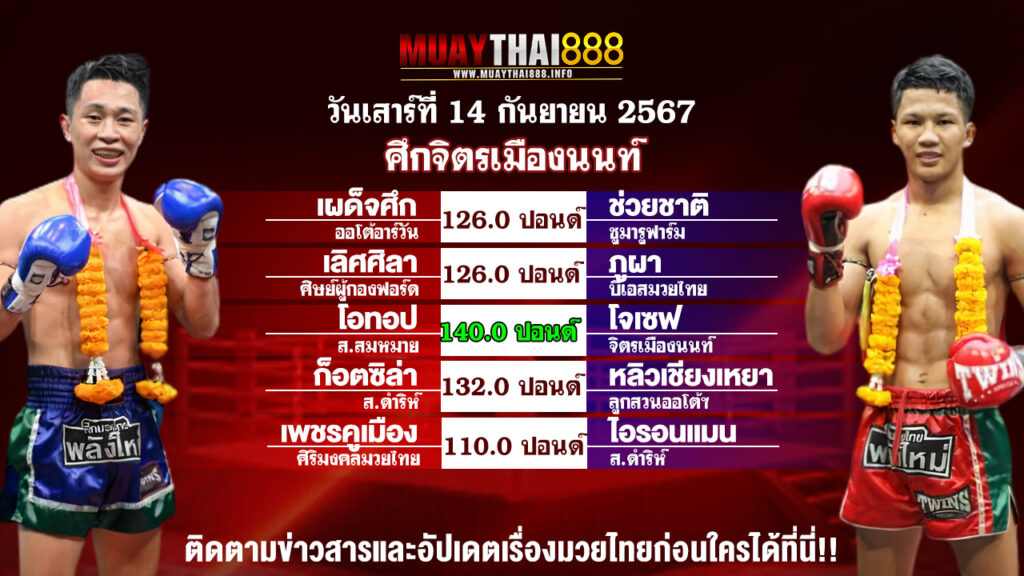 โปรแกรมมวย  ศึกจิตรเมืองนนท์  วันที่ 14 ก.ย. 67