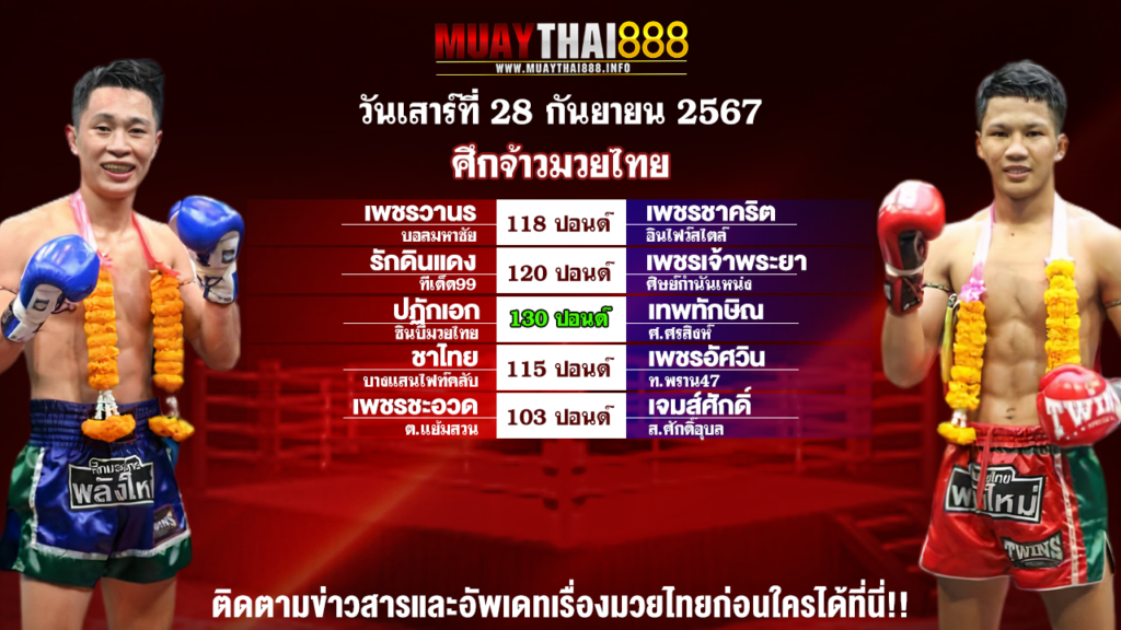 โปรแกรมมวย ศึกจ้าวมวยไทย วันที่ 28 ก.ย. 67