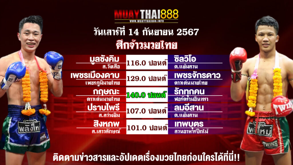 โปรแกรมมวย  ศึกจ้าวมวยไทย  วันที่ 14 ก.ย. 67