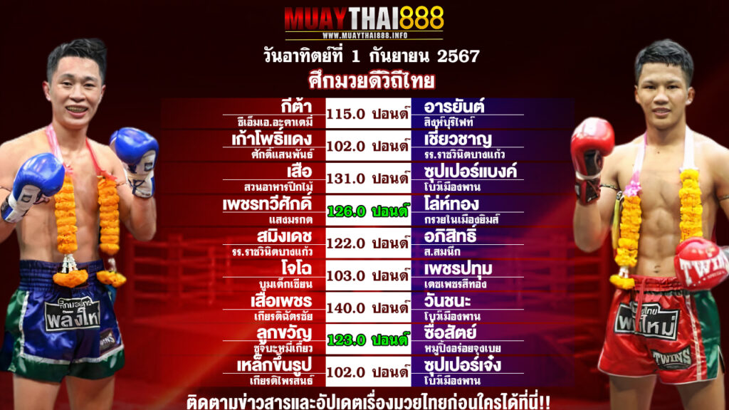 โปรแกรมมวย ศึกมวยดีวิถีไทย วันที่ 1 ก.ย. 67