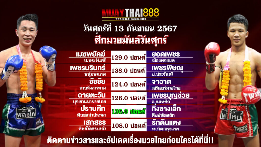 โปรแกรมมวย  ศึกมวยมันส์วันศุกร์  วันที่ 13 ก.ย. 67