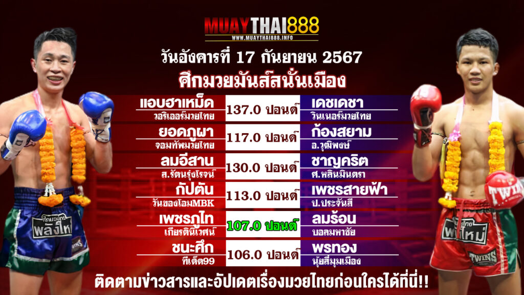 โปรแกรมมวย  ศึกมวยมันส์สนั่นเมือง วันที่ 17 ก.ย. 67