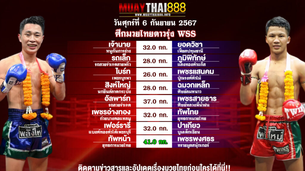 โปรแกรมมวย ศึกมวยไทยดาวรุ่ง WSS วันที่ 6 ก.ย. 67