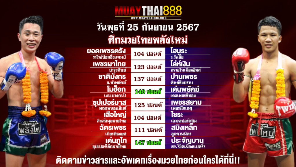 โปรแกรมมวย ศึกมวยไทยพลังใหม่ วันที่ 25 ก.ย. 67