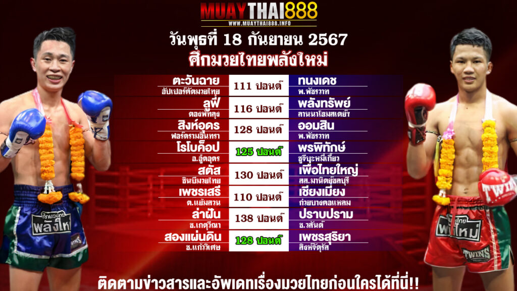 โปรแกรมมวย  ศึกมวยไทยพลังใหม่  วันที่ 18 ก.ย. 67