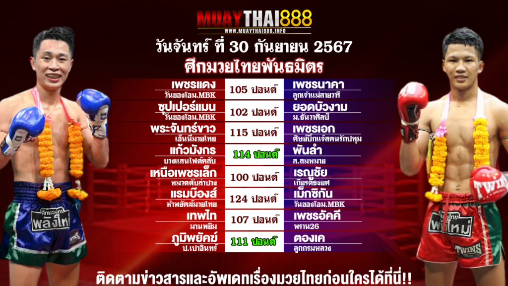 โปรแกรมมวย ศึกมวยไทยพันธมิตร วันที่ 30 ก.ย. 67