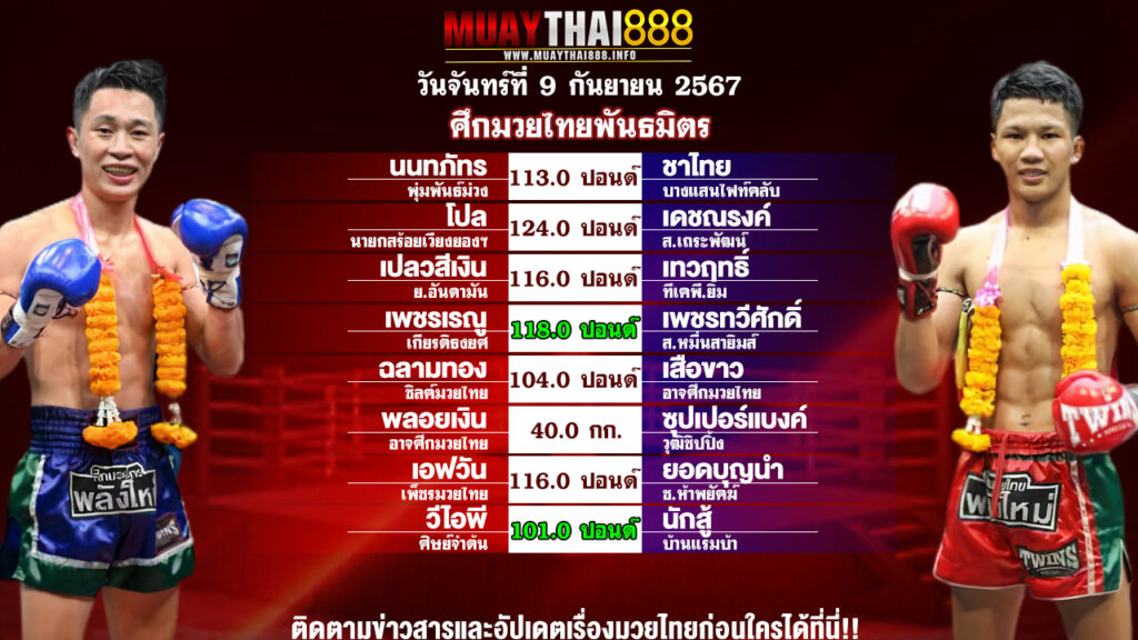 โปรแกรมมวย ศึกมวยไทยพันธมิตร วันที่ 9 ก.ย. 67