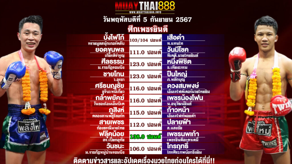 โปรแกรมมวย ศึกเพชรยินดี วันที่ 5 ก.ย. 67