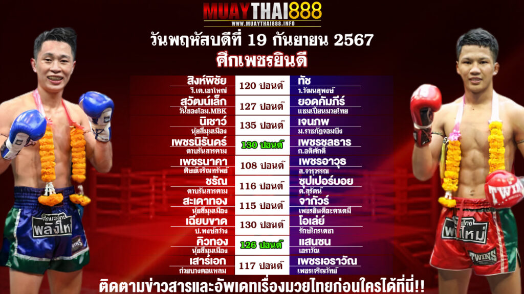 โปรแกรมมวย  ศึกเพชรยินดี วันที่ 19 ก.ย. 67