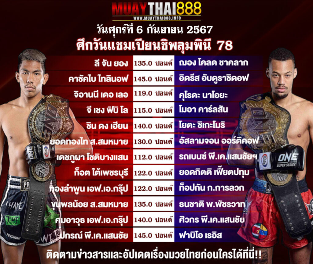 โปรแกรมมวย ศึกวันแชมเปียนชิพลุมพินี 78 วันที่ 6 ก.ย. 67