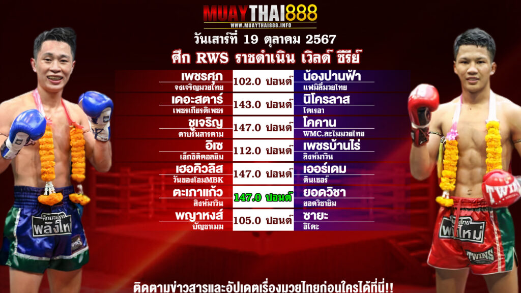 โปรแกรมมวย ศึก RWS ราชดำเนิน เวิลด์ ซีรีย์ วันที่ 19 ต.ค. 67