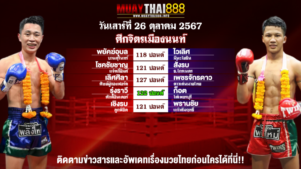 โปรแกรมมวย ศึกจิตรเมืองนนท์ วันที่ 26 ต.ค. 67