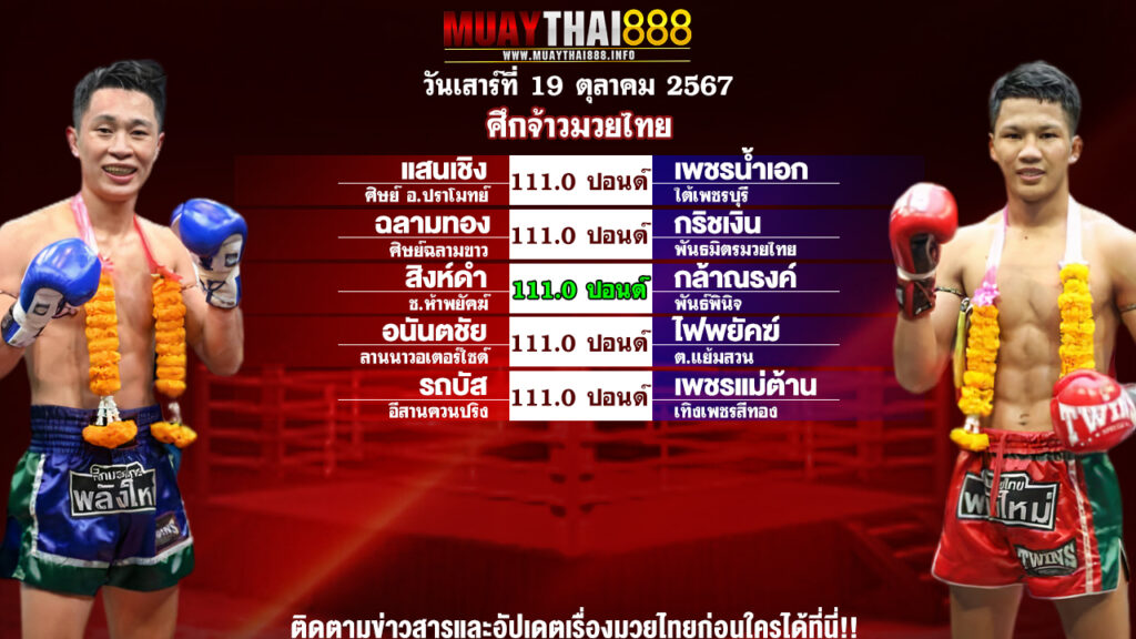 โปรแกรมมวย ศึกจ้าวมวยไทย วันที่ 19 ต.ค. 67