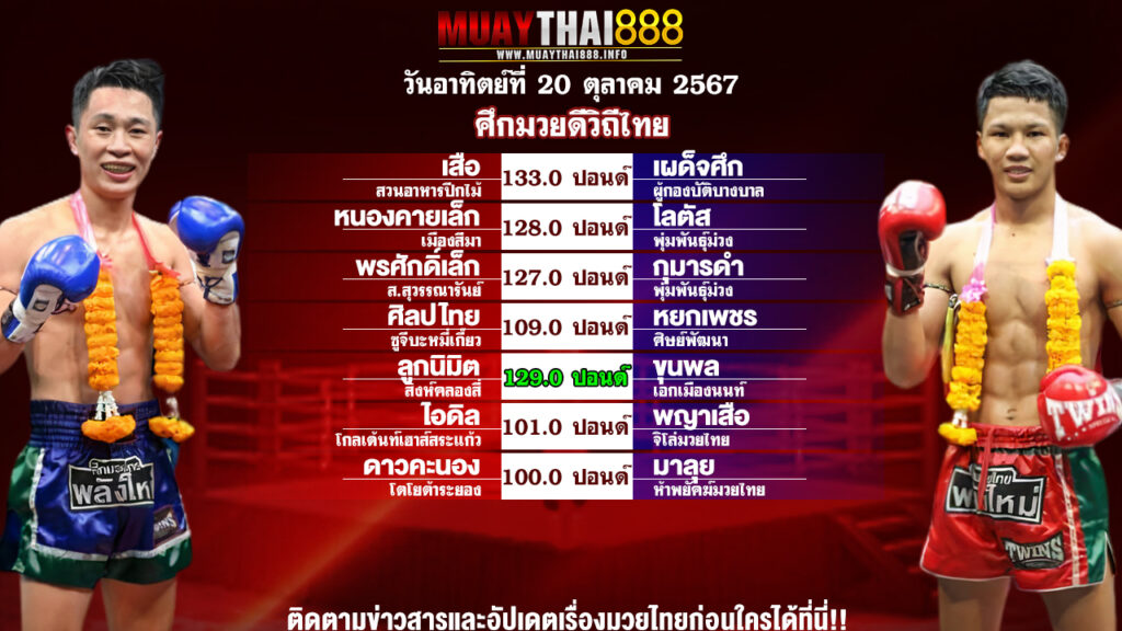 โปรแกรมมวย ศึกมวยดีวิถีไทย วันที่ 20 ต.ค. 67