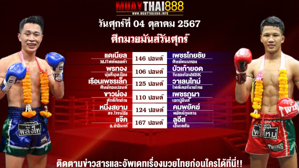 โปรแกรมมวย  ศึกมวยมันส์วันศุกร์  วันที่ 04 ต.ค. 67