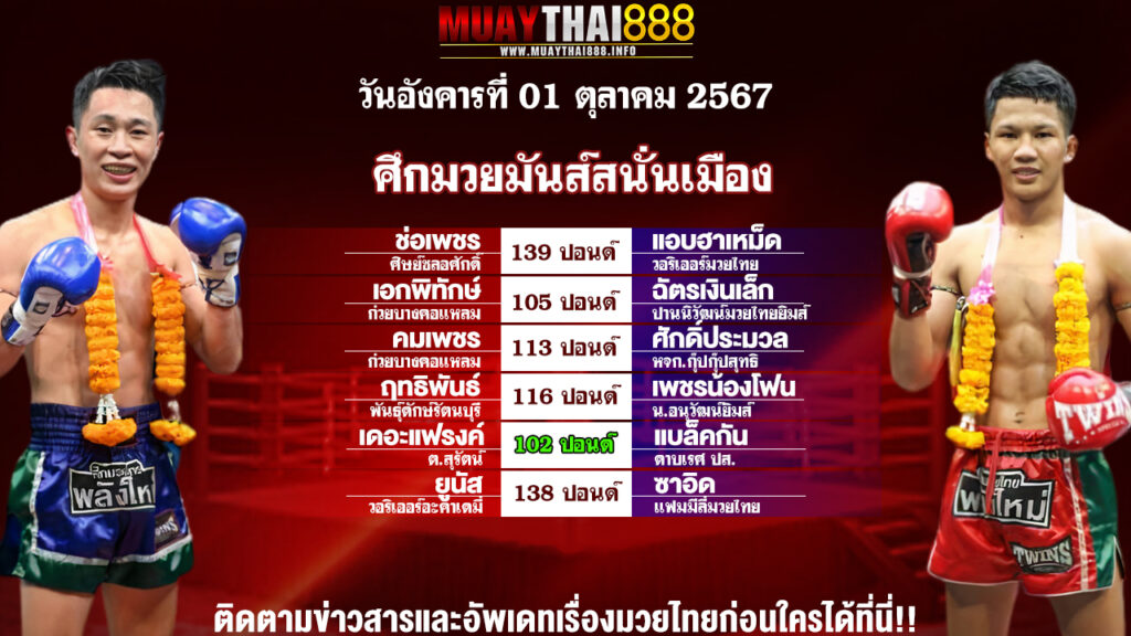 โปรแกรมมวย  ศึกมวยมันส์สนั่นเมือง  วันที่ 01 ต.ค. 67