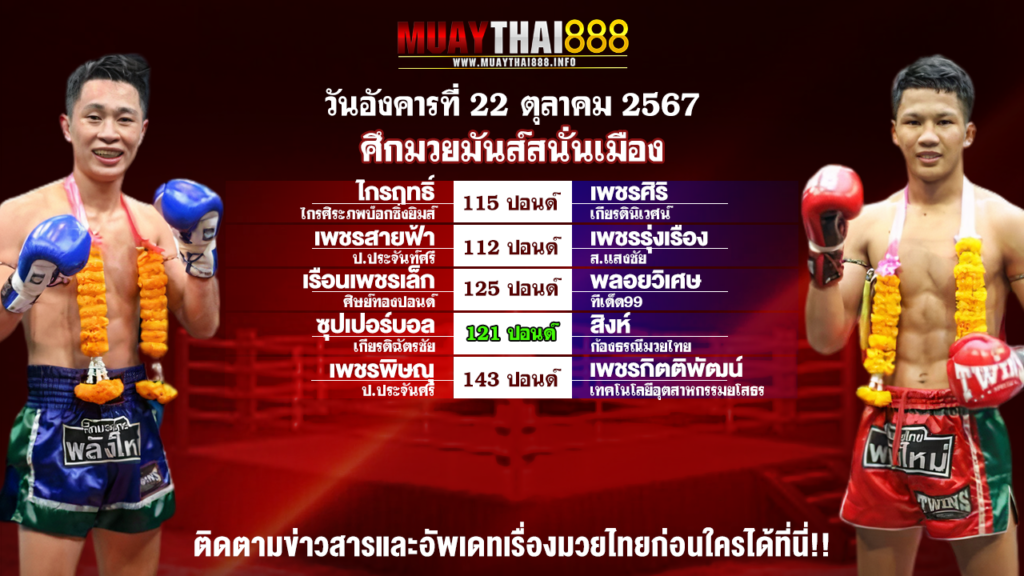 โปรแกรมมวย ศึกมวยมันส์สนั่นเมือง วันที่ 22 ต.ค. 67