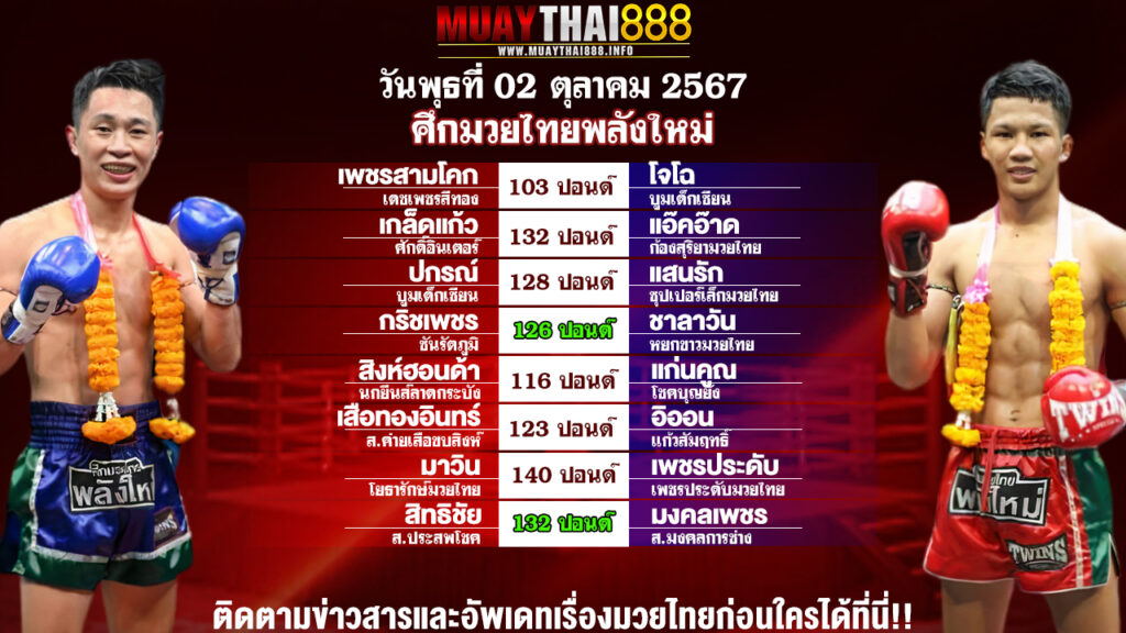 โปรแกรมมวย   ศึกมวยไทยพลังใหม่  วันที่ 02 ต.ค. 67