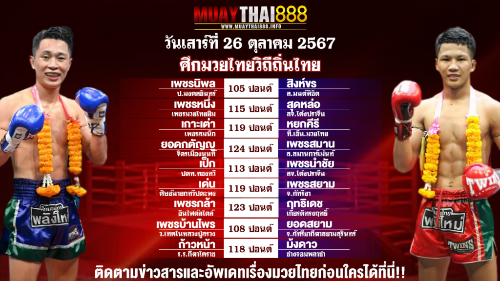 โปรแกรมมวย ศึกมวยไทยวิถีถิ่นไทย วันที่ 26 ต.ค. 67